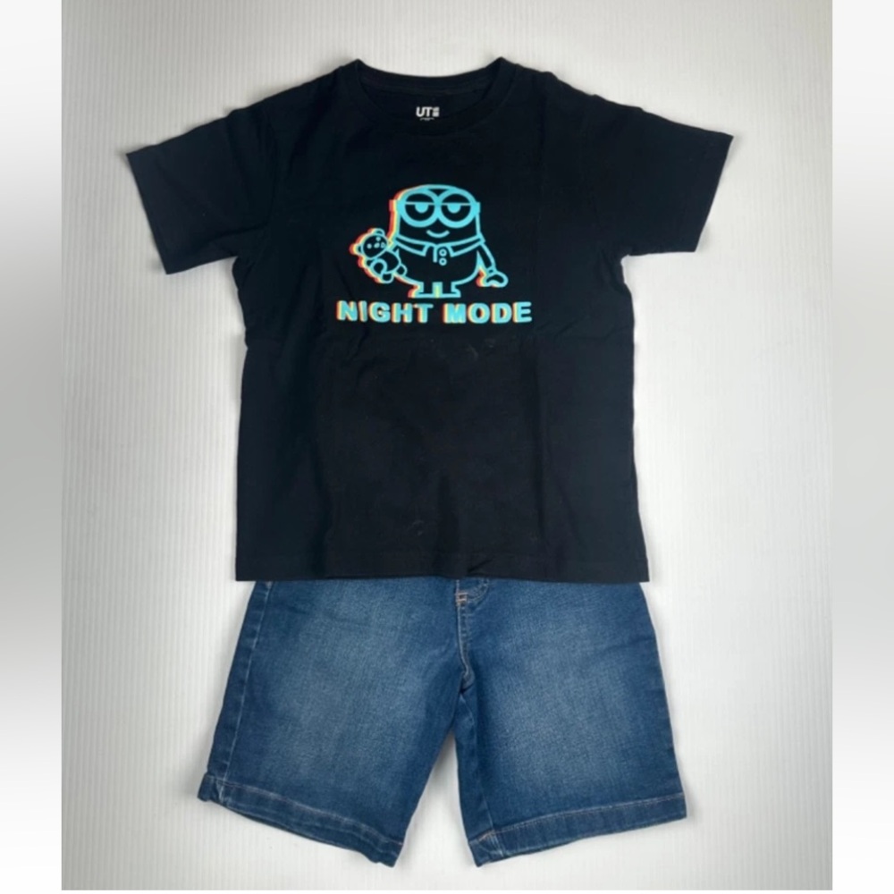 Lot of 2 Boys Sz S 6-7 Uniqlo Black Minions Short Sleeve Shirt & 365 Jean Shorts